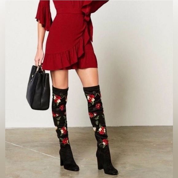 Sam Edelman Embroidered Floral Stretch Suede Heeled Over the Knee Boot, Black 10 - Picture 1 of 12